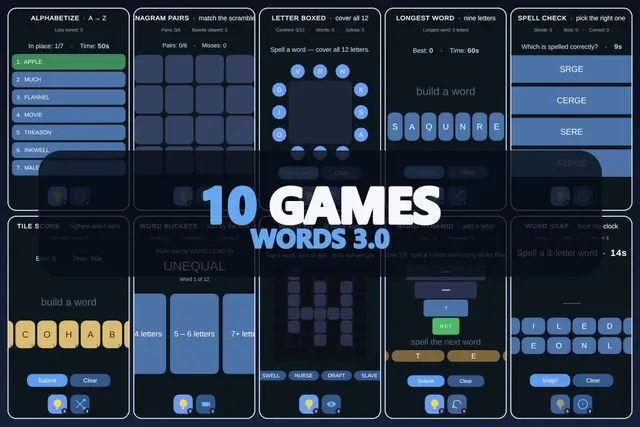 Mini Game Templates Words 3.0 - 10 Words Starters for Unity